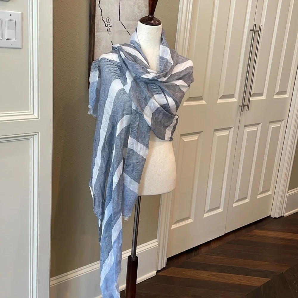 Blue and White Striped Eyelash Trim Oversized Scarf